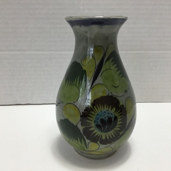 Vintage Tonala Grey Green Yellow Floral Pottery Vase - Picture 1 of 6